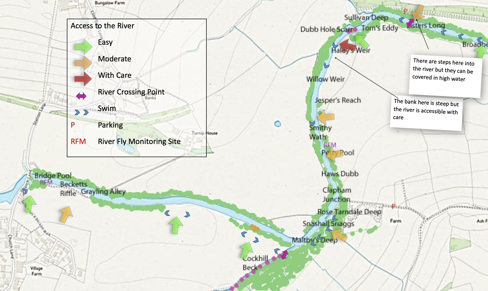 River Nidd, Hampsthwaite to Killinghall, access points.